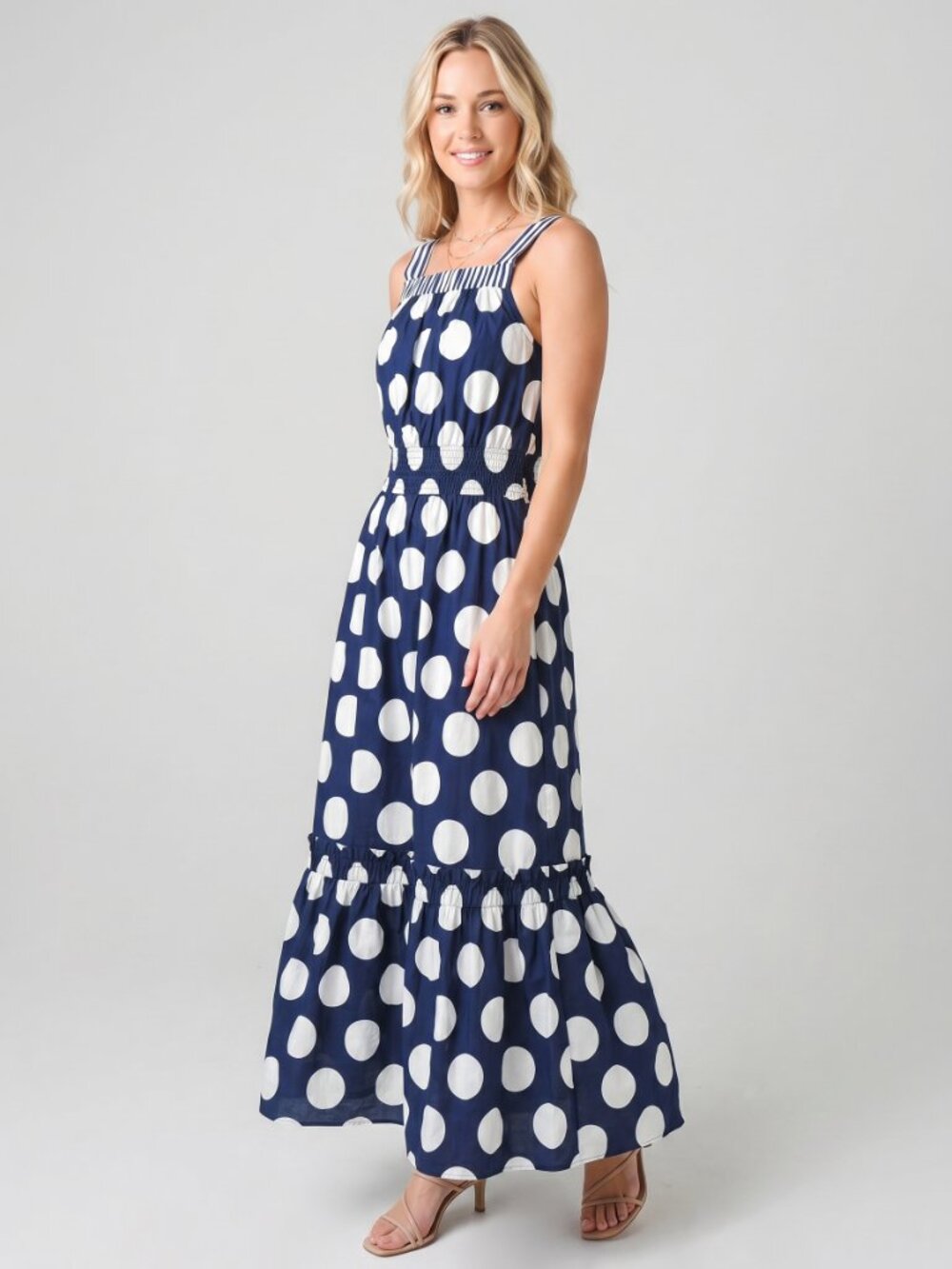 Anthropologie Small Cotton Navy Polka Dot Halter Maxi Dress Sleeveless Boho Midi